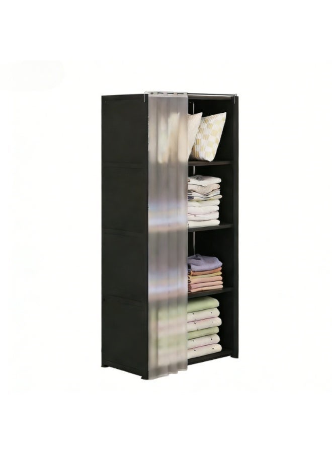 This minimalist portable wardrobe and clothes organizer features a dust cover and five compartments, making it suitable for bedrooms and living rooms. It's a single-row, five-tier black wardrobe. - Image 1